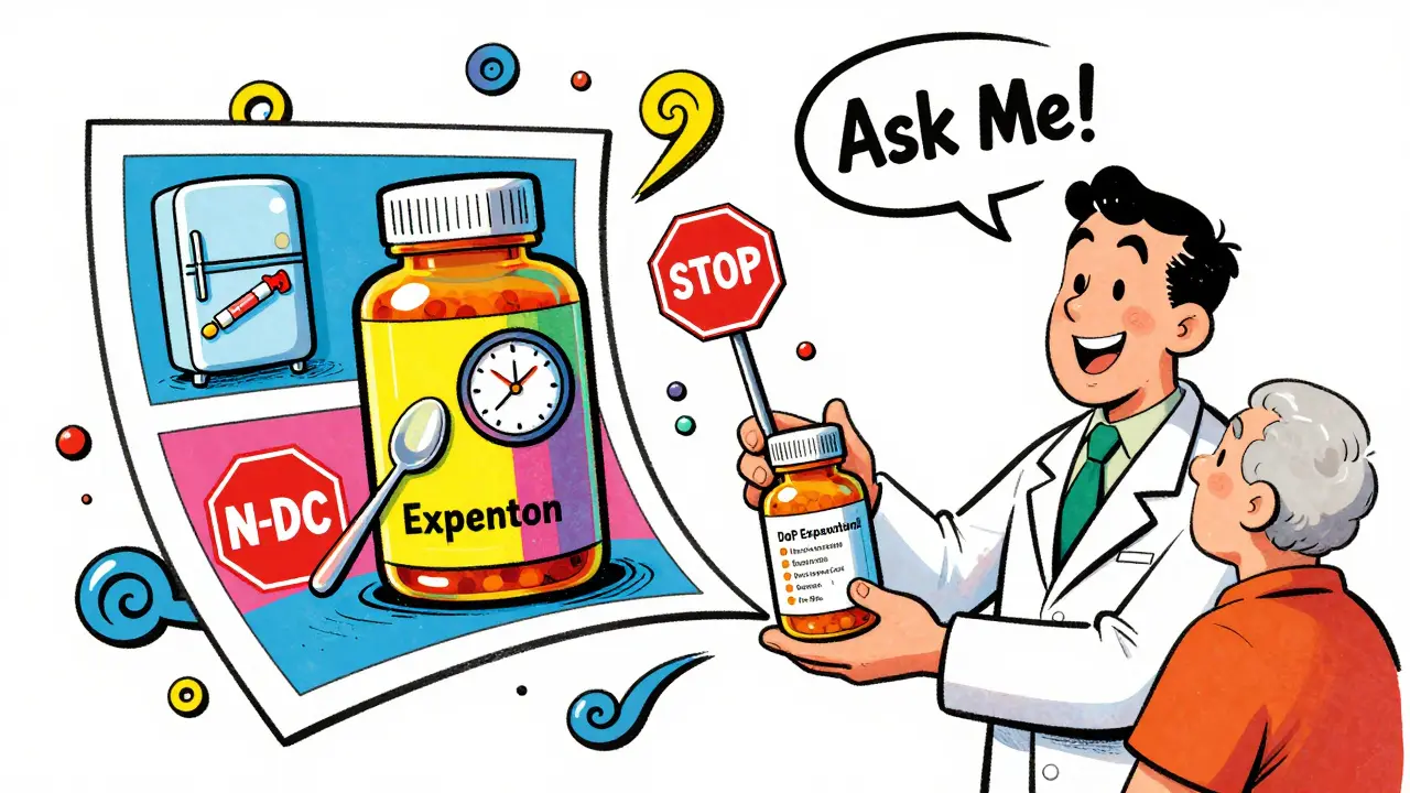 A pharmacist handing a patient a vibrant pill bottle with a comic-strip label showing storage, dosing, and safety symbols.
