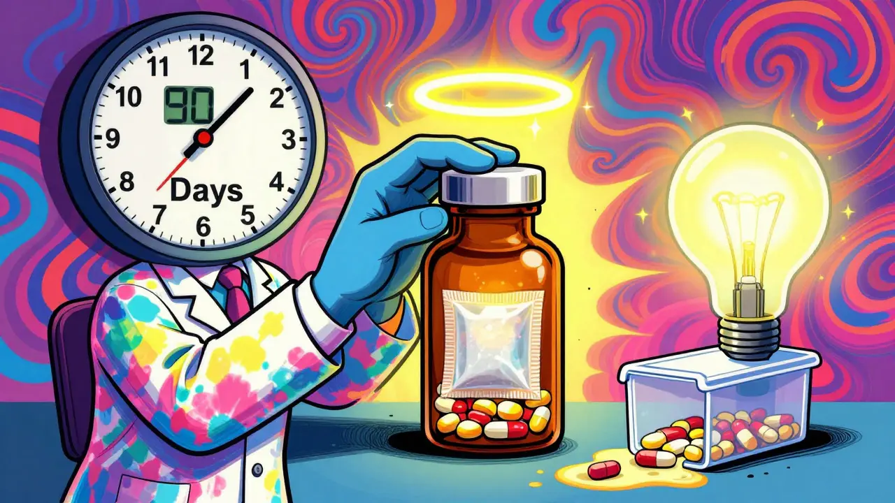 A pharmacist placing pills into an amber vial with a desiccant packet, while a plastic pillbox degrades under fluorescent light.