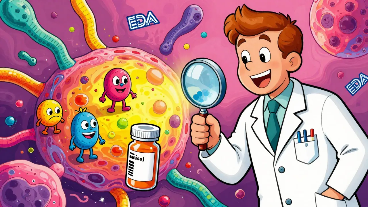 A pharmacist using a magnifying glass to reveal tiny animated inactive ingredients interacting with human proteins in a vibrant, surreal scene.