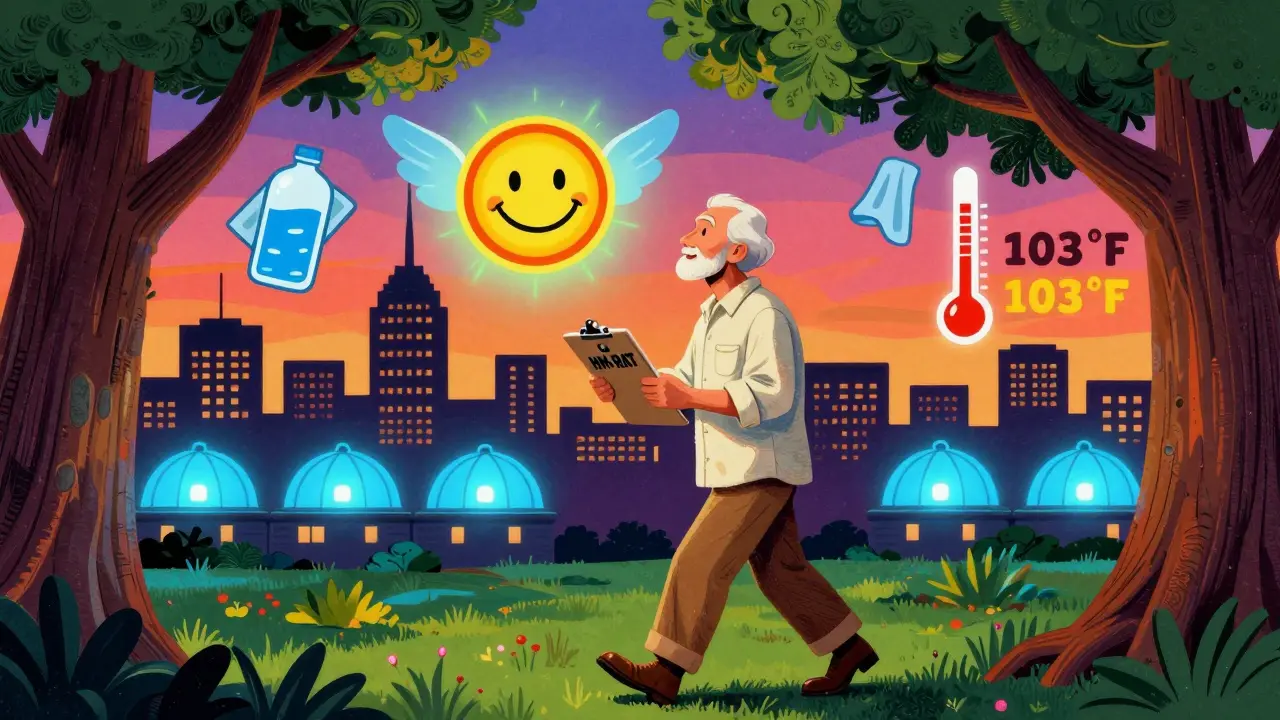 A senior walking at dawn with a heat risk tool, surrounded by cooling centers and safety symbols in vibrant psychedelic art.