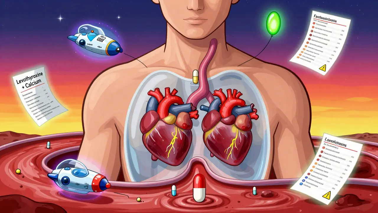 A transparent human body shows erratic blood flow from mismatched generic pills, with a flickering thyroid and floating lab results.