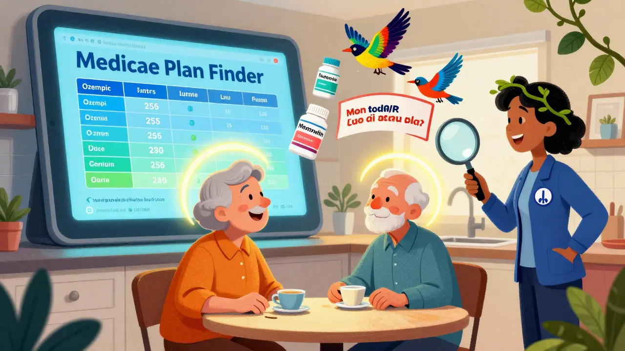 An elderly couple using a glowing tablet to compare drug costs, with medicine bottles turning into birds.