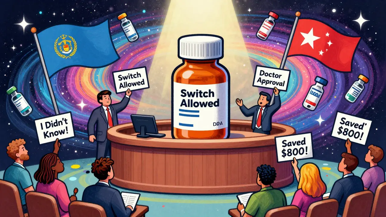 Biosimilar bottle on trial surrounded by state symbols and patients holding conflicting signs in vibrant cartoon style.