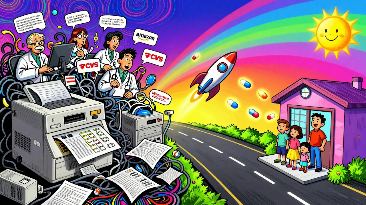 Chaotic fax machines vs. glowing digital highway with flying prescriptions