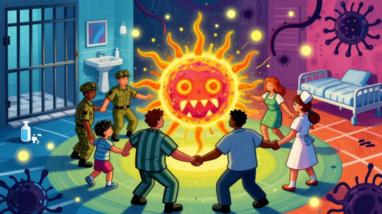 Diverse group holding hands around a sun-like MRSA germ, with blended environments and hygiene lights pushing back infection in Peter Max style.