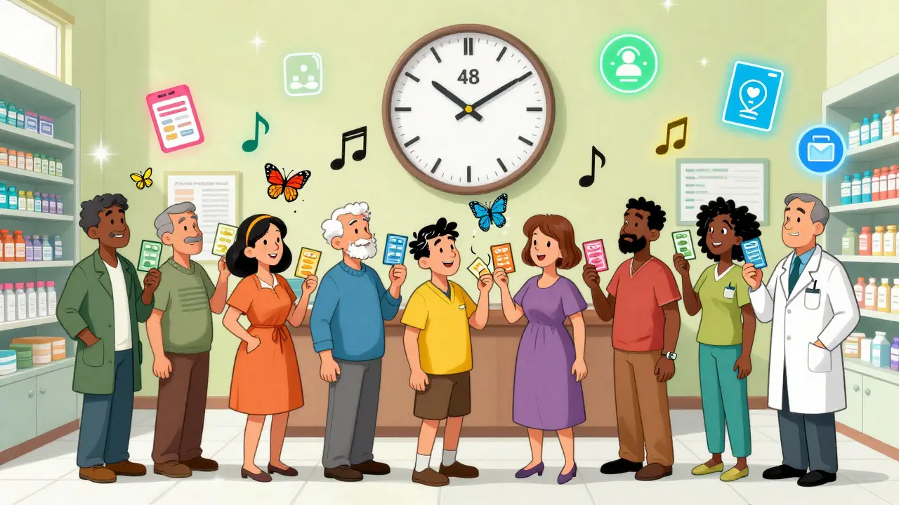 Diverse group in pharmacy with medication cards turning into butterflies, clock showing 48 hours post-discharge.