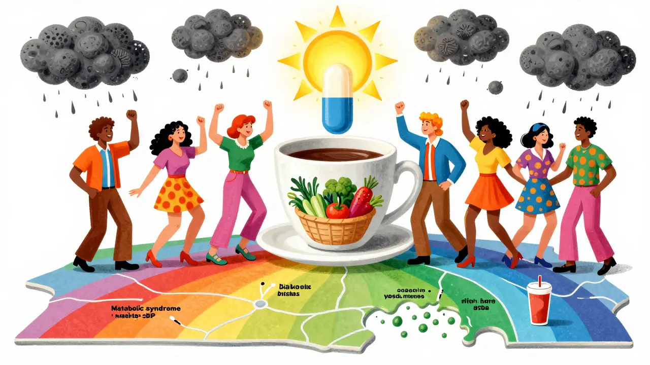 Diverse people dancing with coffee and veggies, a glowing pill banishing fibrosis clouds in vibrant Peter Max style.