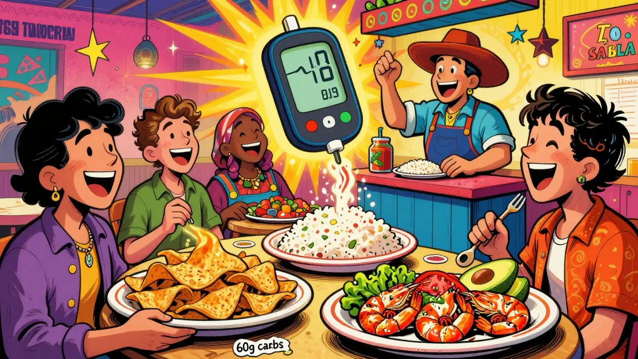 Friends dining at a taqueria, one choosing grilled shrimp and skipping rice, with exploding carb bubbles.