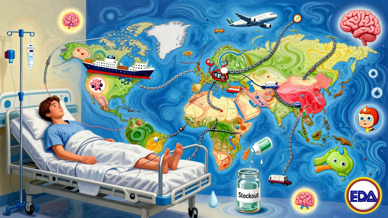 Hospital patients connected to supply chains that snap over China, with AI and blockchain icons floating around empty medicine jars.