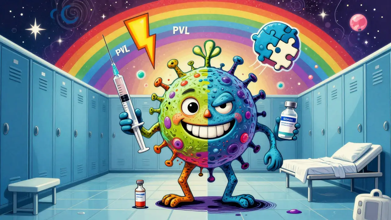 Hybrid MRSA bacterium with athlete and hospital features, standing between locker room and ICU, surrounded by medical symbols in vibrant colors.