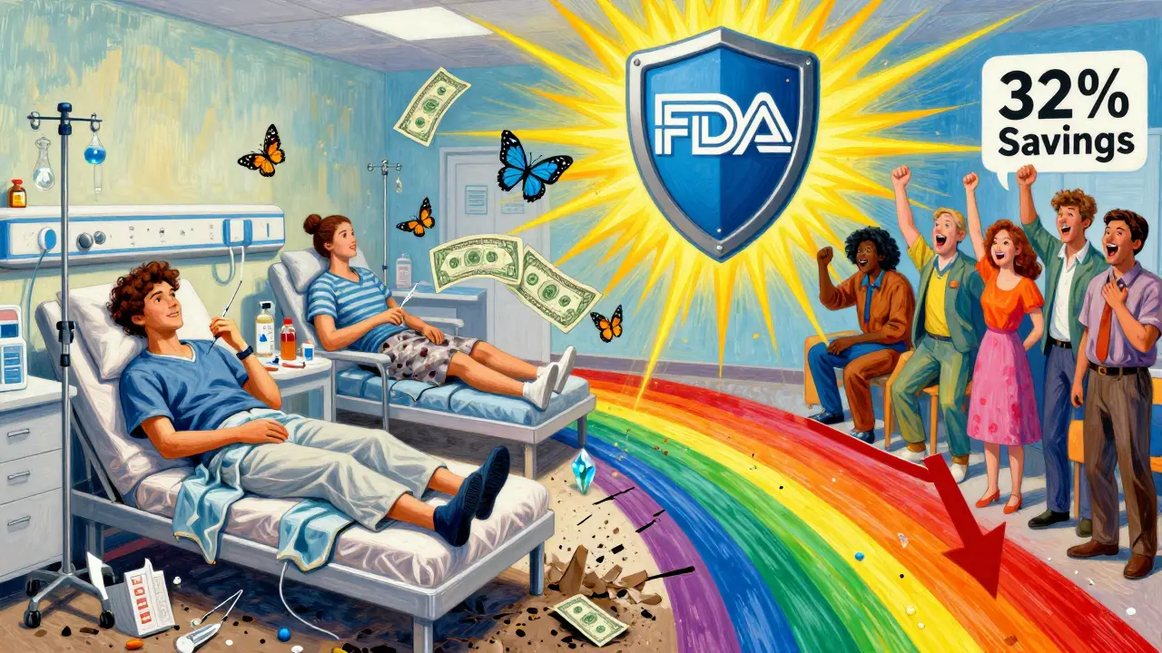 Patients receive injections at home as hospital costs dissolve into butterflies and biosimilars glow.