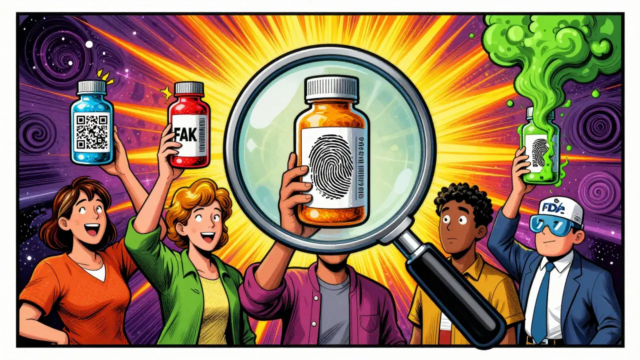 People hold suspicious pill bottles under a glowing magnifying glass with toxic symbols.