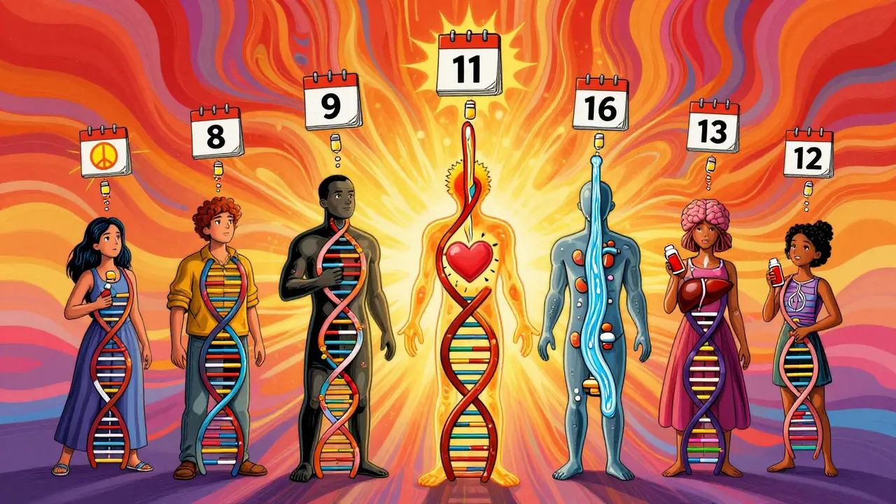 People holding DNA strands that turn into personalized pill bottles, with dose rivers flowing into body silhouettes and calendar pages turning.