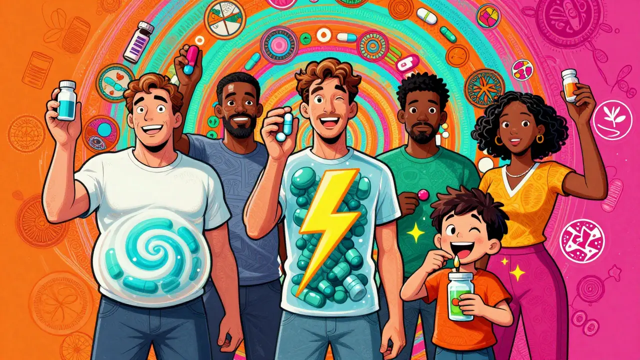 People with transparent bodies showing internal reactions to inactive ingredients like lactose and gluten, set in a psychedelic health-themed mandala.