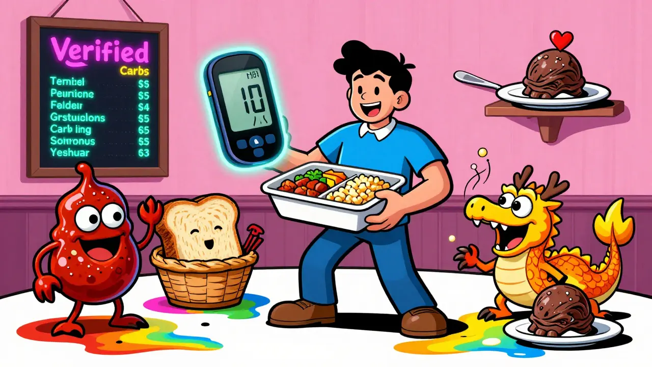 Person packing half their meal away with a glowing glucose monitor, defeated food monsters melting in rainbow hues.