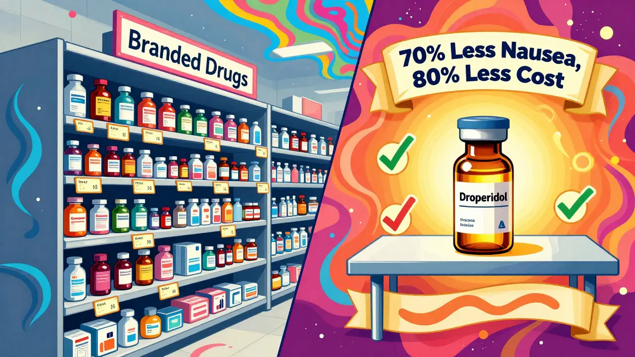 Split pharmacy scene: chaotic expensive drugs vs. single glowing low-cost vial with cost savings banner.