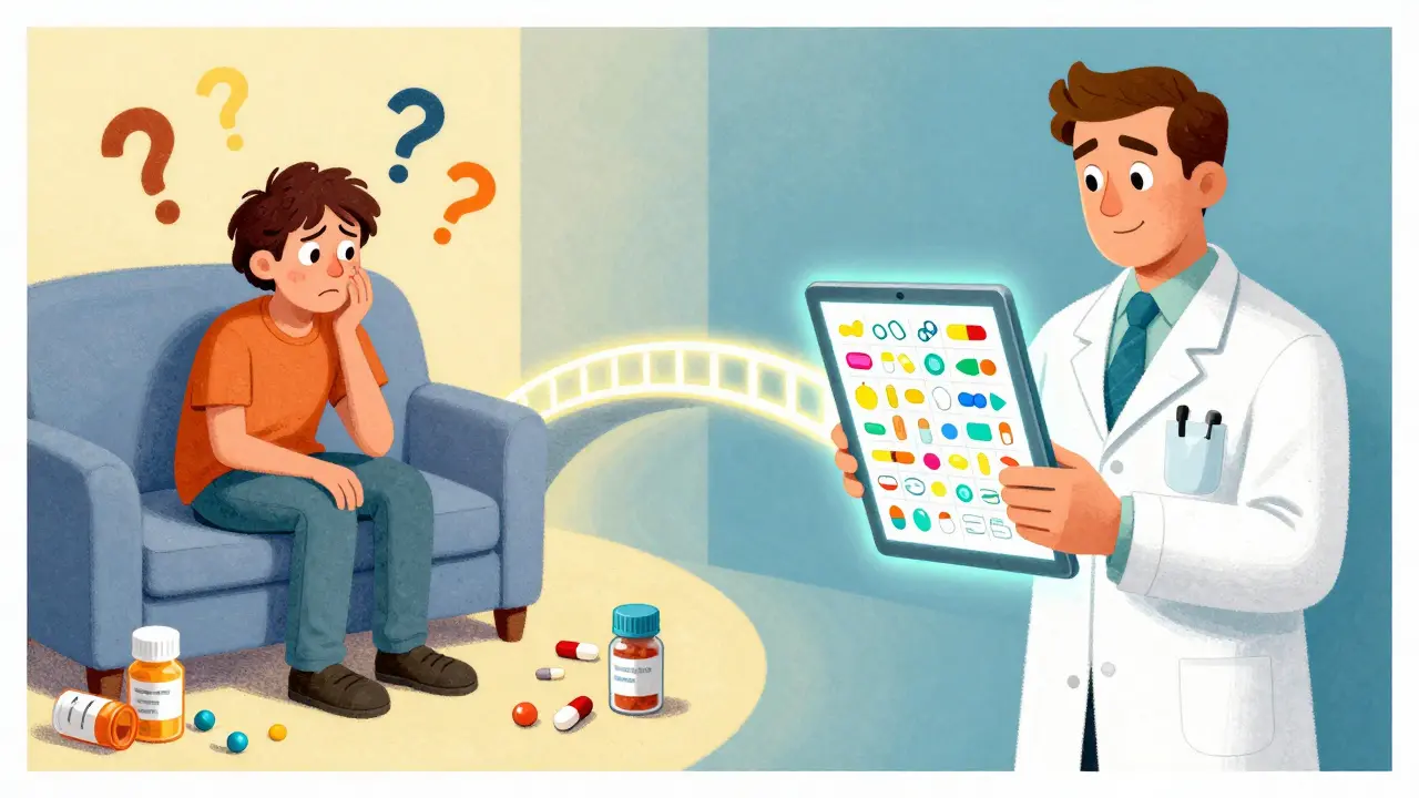 Split scene: confused patient at home vs. pharmacist syncing medication plan with glowing light bridge.