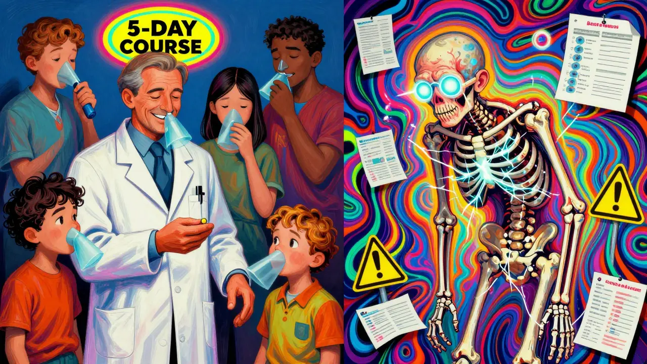 Split scene: patient healed short-term vs. damaged long-term, set in vibrant, swirling cosmic colors.