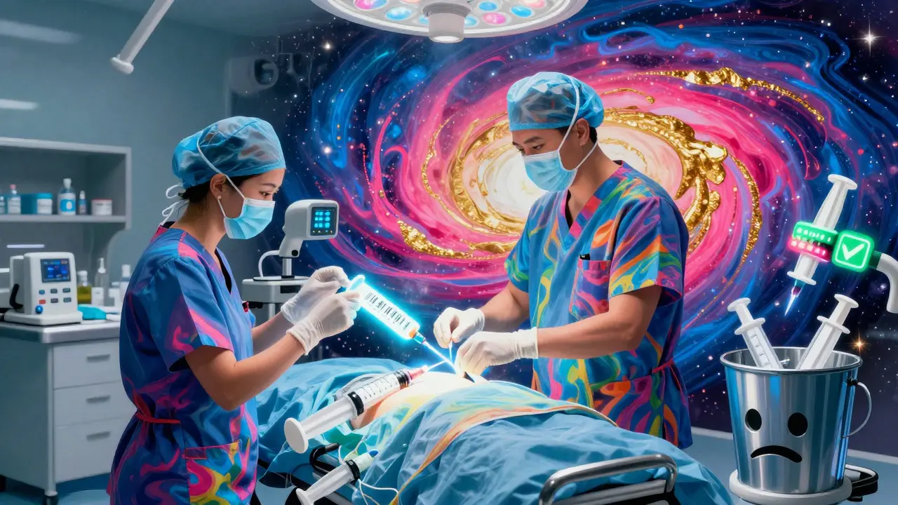 Two medical staff verify a glowing labeled syringe in a surreal operating room with rainbow barcode beams and discarded unlabeled syringes.
