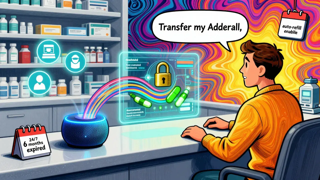 Voice-activated pill transfer with hologram and auto-refill icons in vibrant art style