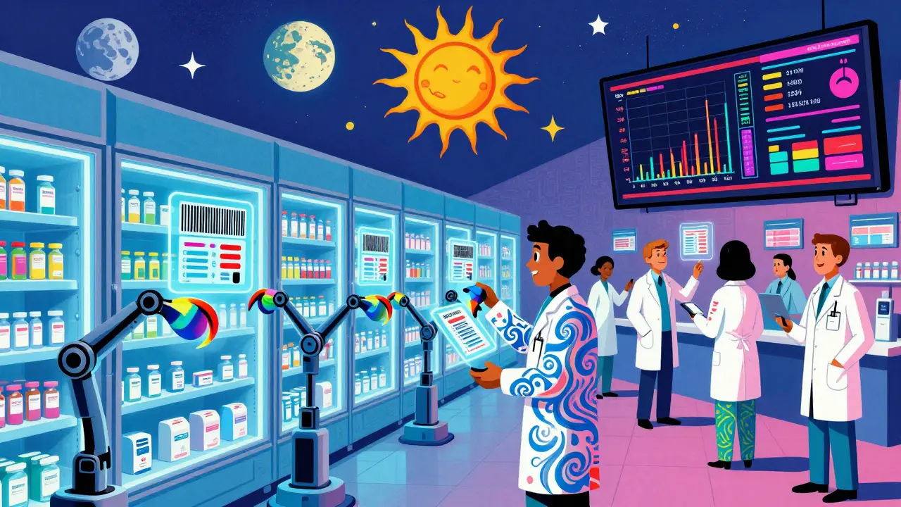A colorful warehouse with robotic arms scanning drug packages under holographic barcodes, monitored by cheerful pharmacists.