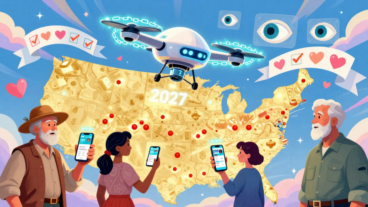 A futuristic drone delivers medicine with blockchain glow, safe pharmacies glowing gold, and people using GoodRx under scanning AI eyes in Peter Max style.