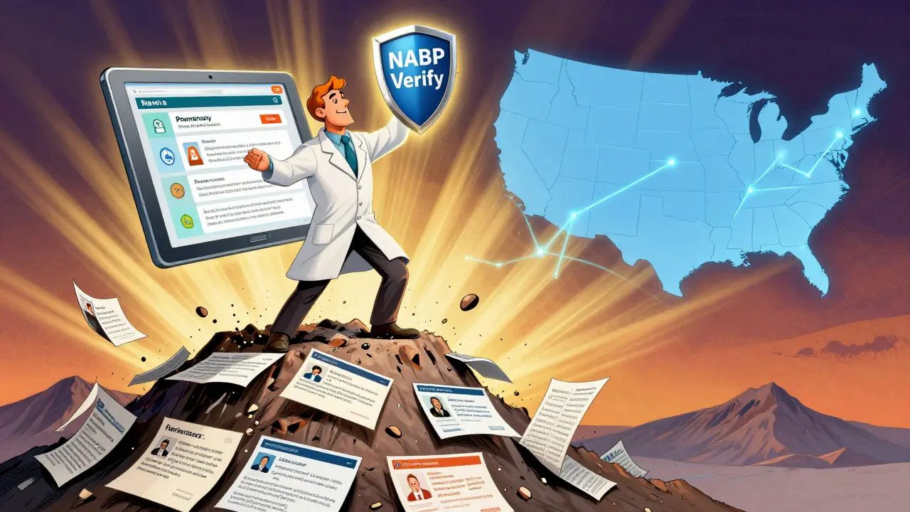 A hero in a lab coat defends against fake pharmacies with a glowing NABP Verify shield, under a map of connected U.S. states.