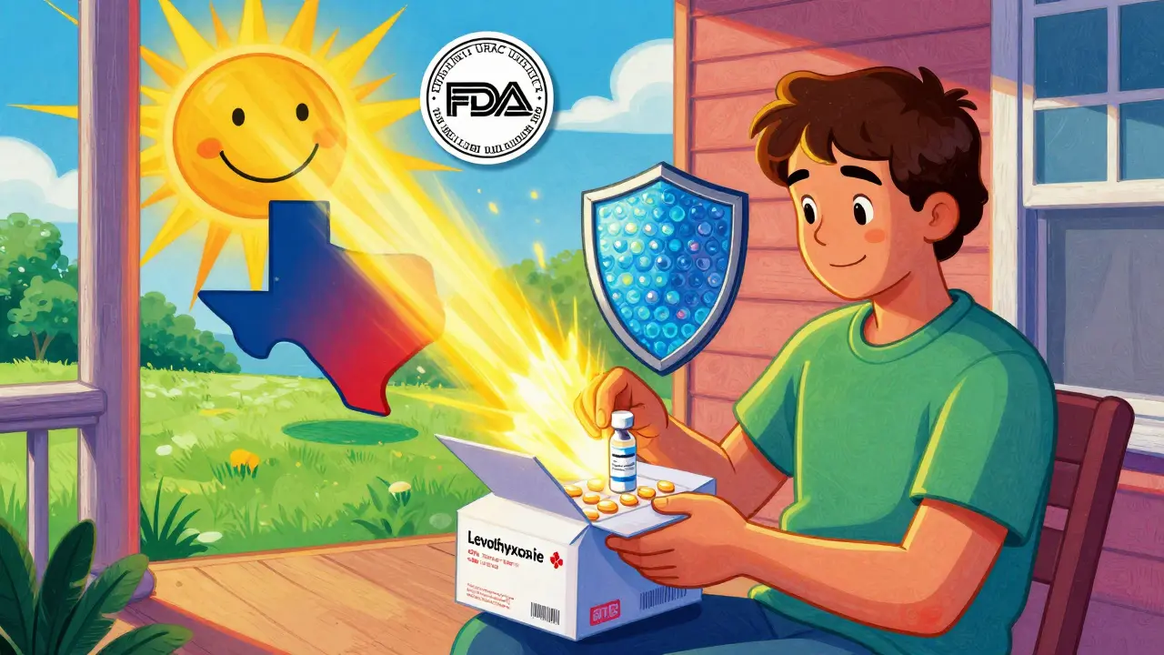 A patient opens a mail-order package with intact meds, protected by a shield from heat and sun, while FDA and URAC badges glow above.