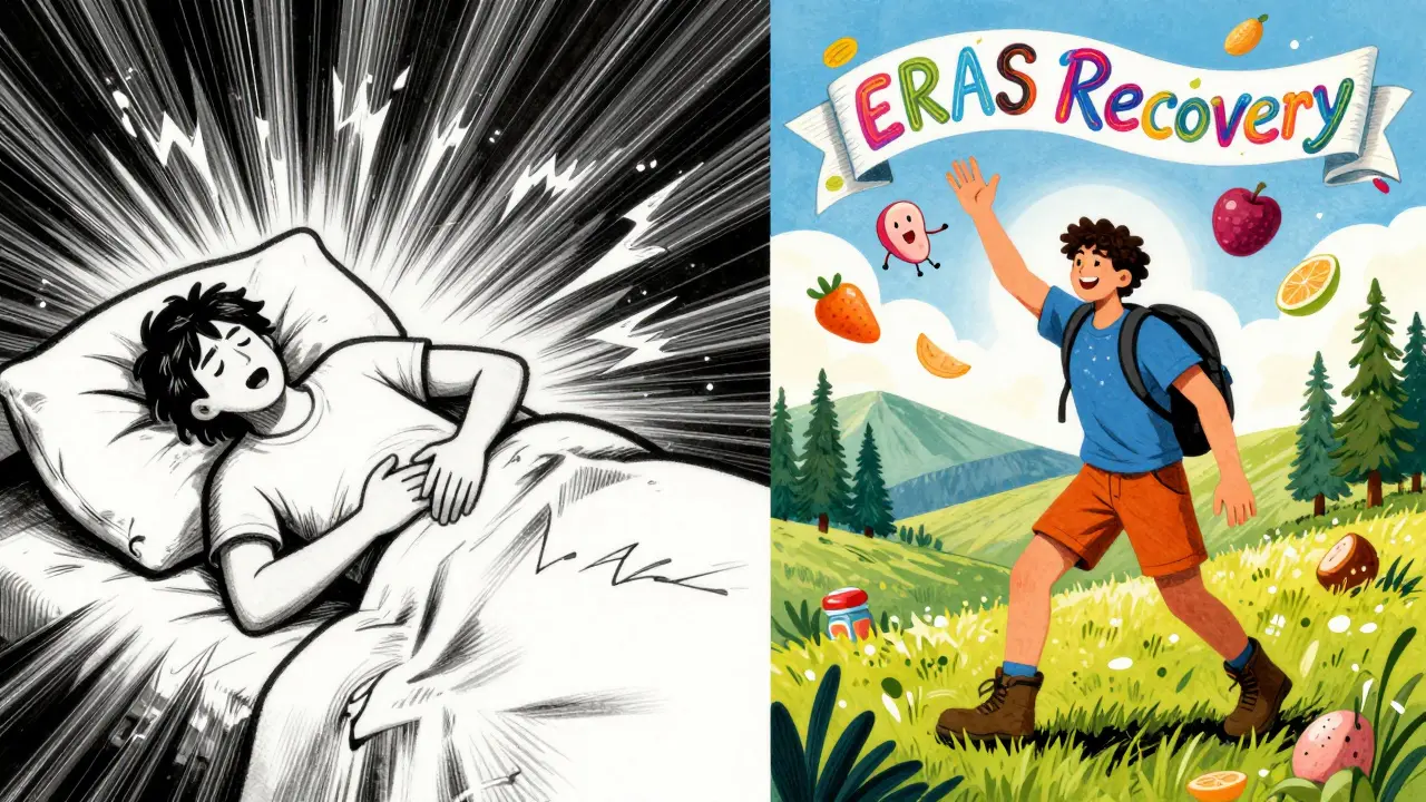 A person in pain on one side, smiling and hiking on the other, with a floating gallbladder saying goodbye.