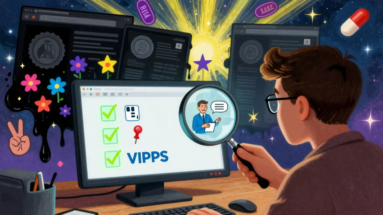 A person verifying an online pharmacy with glowing checkmarks while fake sites dissolve into ink, surrounded by cosmic symbols in Peter Max style.