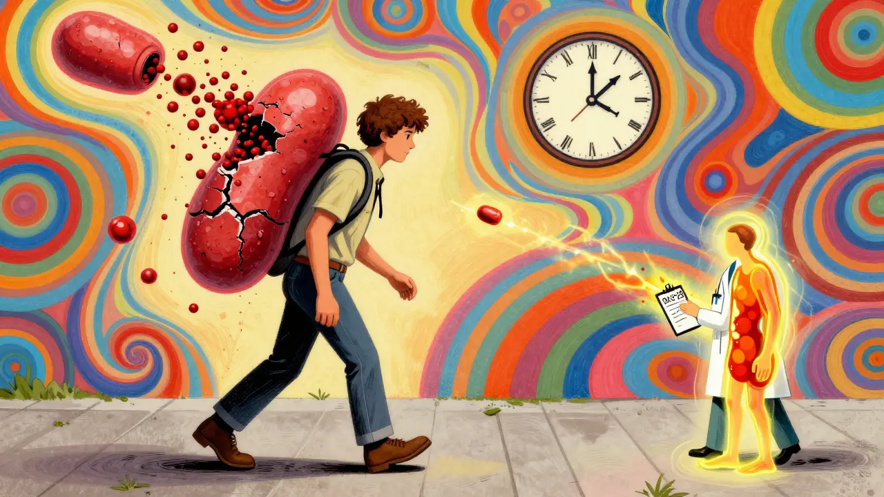 A person walking with crumbling mitochondria backpacks leaking energy, under a broken clock, in vibrant pop art style.