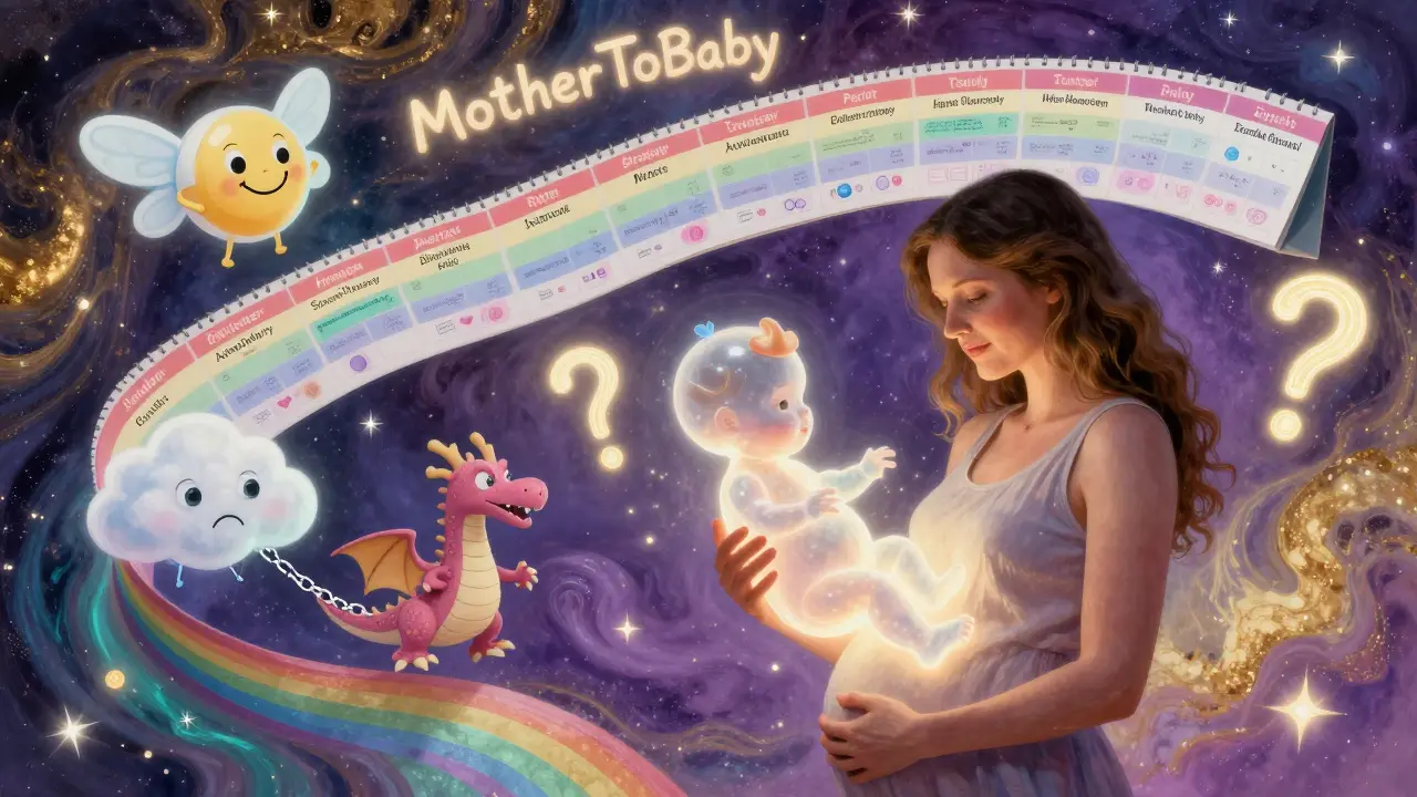 A pregnant woman holding a glowing baby, surrounded by transformed medication symbols and a rainbow calendar of trimester risks.