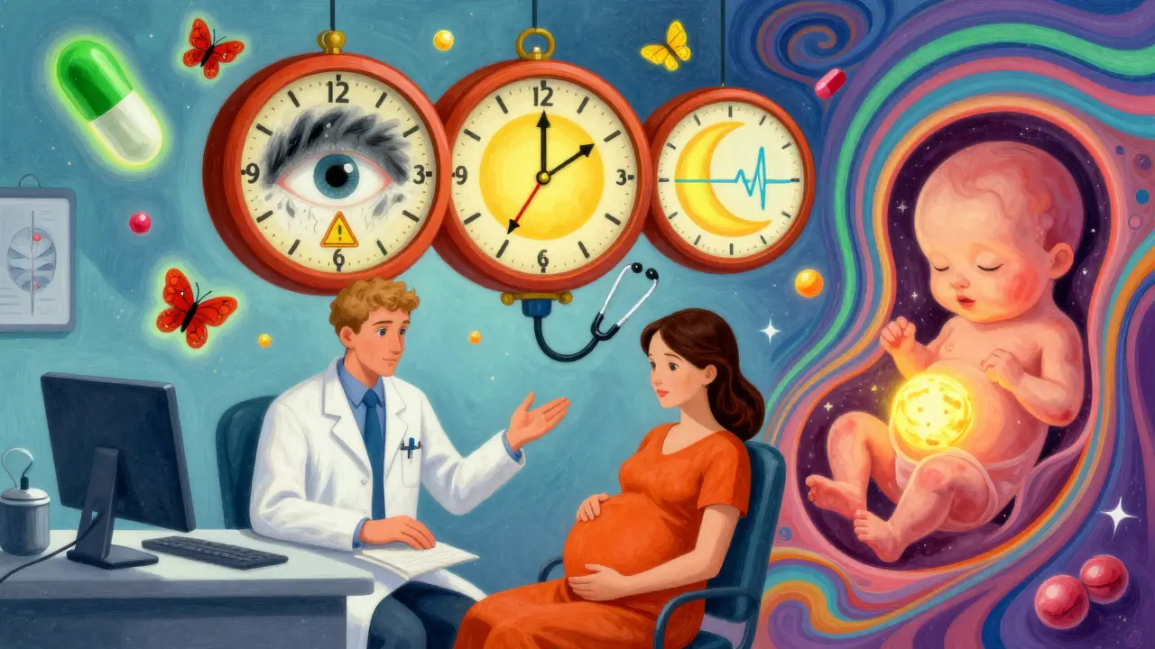 A pregnant woman in a surreal doctor's office with a three-faced clock and floating safe and dangerous medication icons.