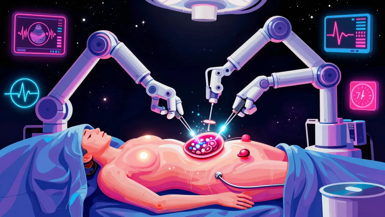 A stylized laparoscopic surgery with glowing tools removing a gallbladder, set against a cosmic backdrop.