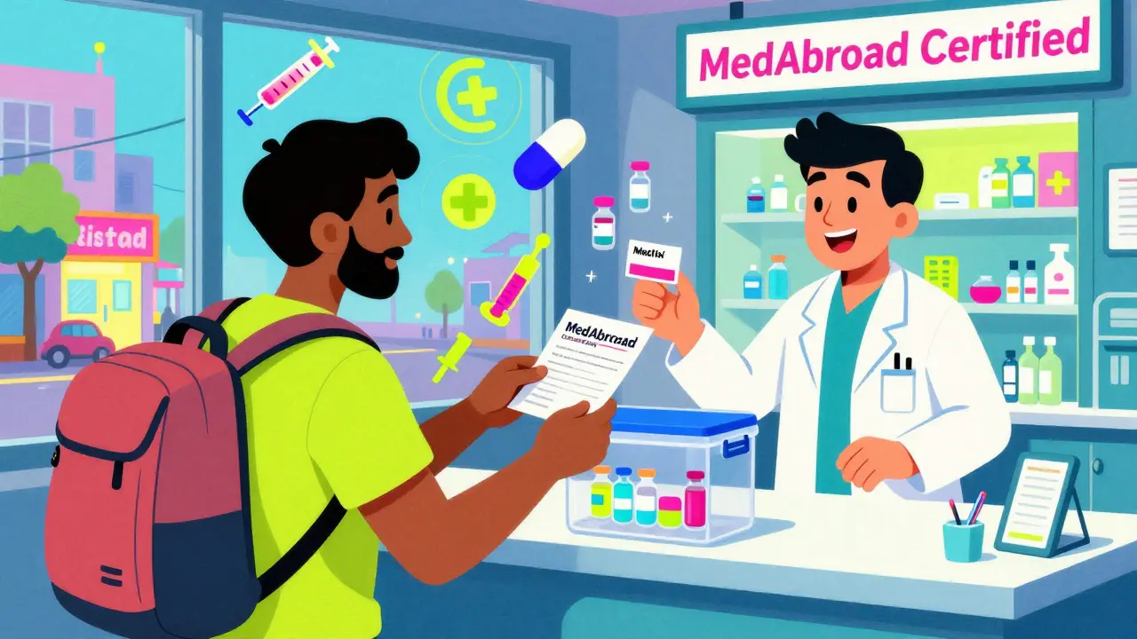 A traveler hands a doctor’s note to a friendly pharmacist, with floating medical symbols and a cooler holding insulin beside them.