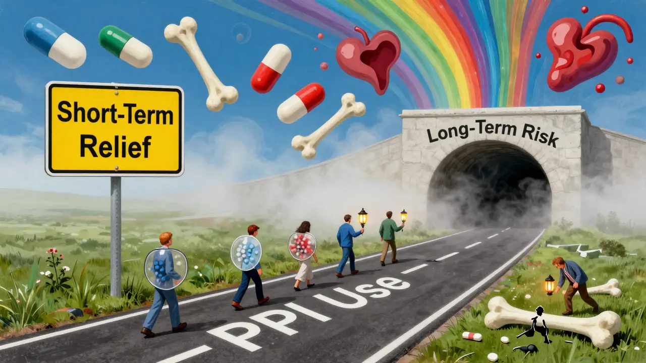 A winding road from relief to risk, with people carrying calcium shields and vitamin D lanterns amid floating pills.