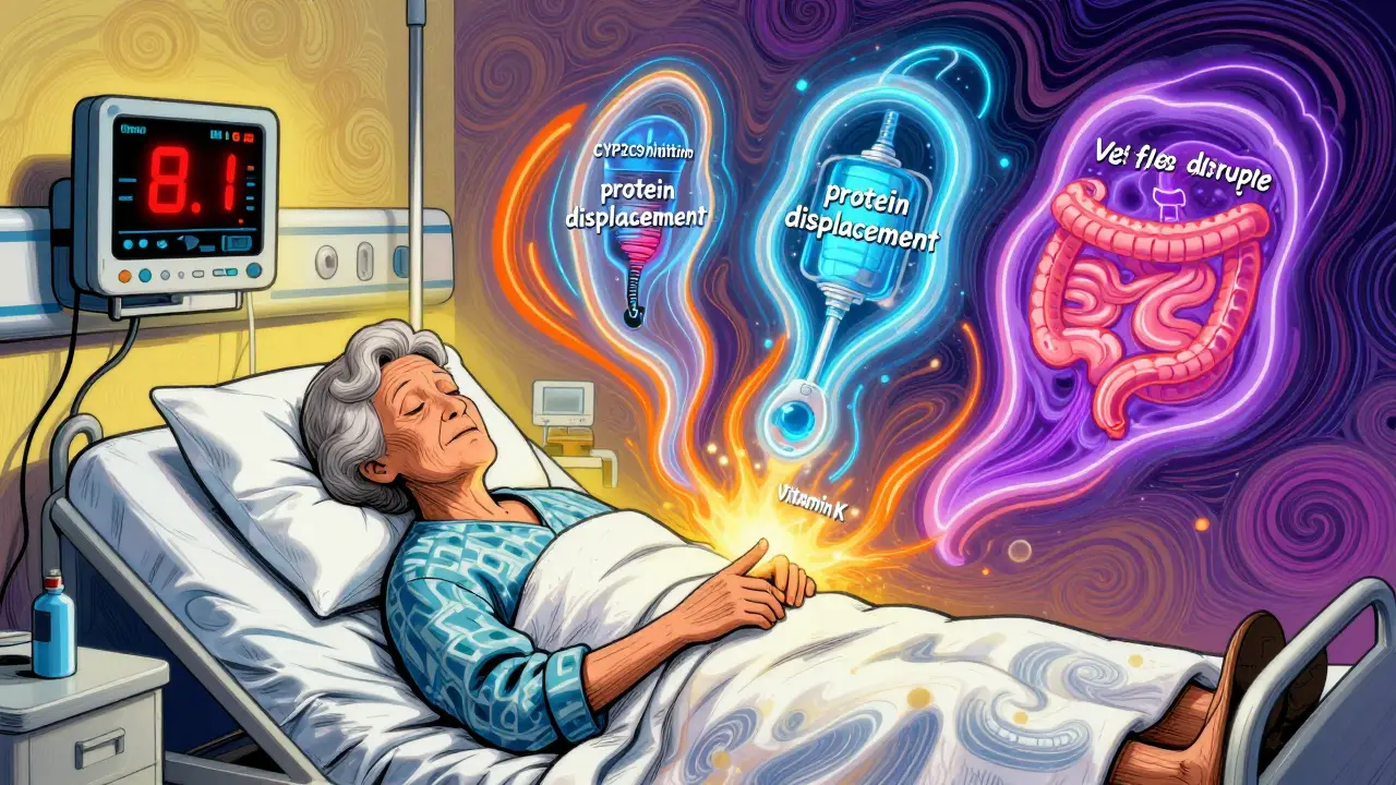An elderly patient in bed with a glowing red INR reading of 8.1, surrounded by three swirling mechanisms of drug interaction in neon colors, as vitamin K light floods the room.