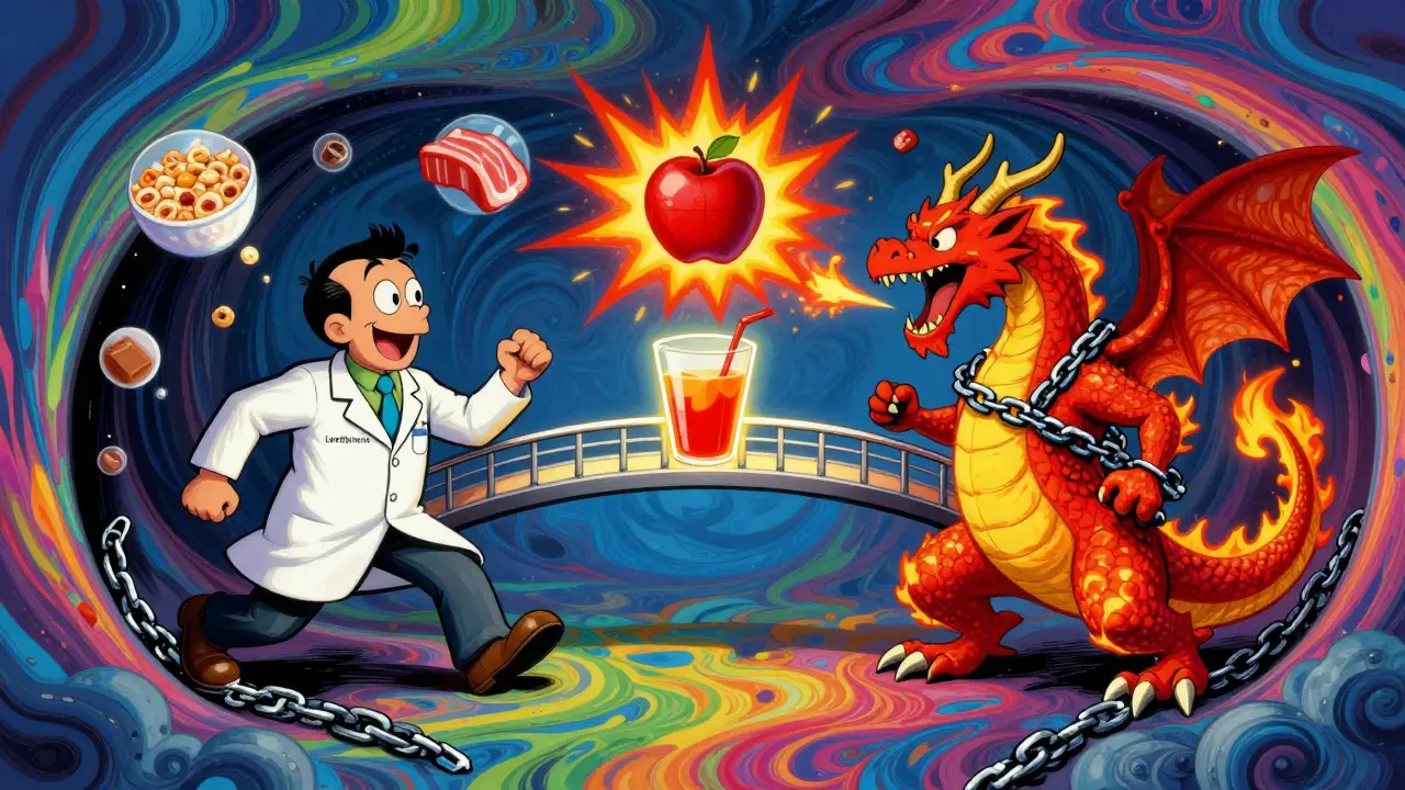 Cartoon battle between thyroid medication and iron dragon, connected by an apple juice bridge in psychedelic style.