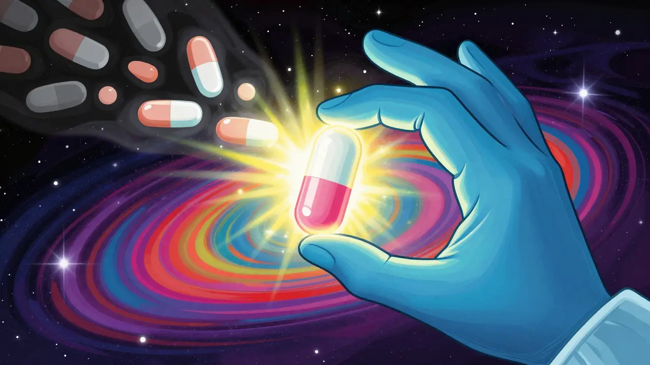 Glowing new painkiller pill held by hand as opioid pills fade into shadows