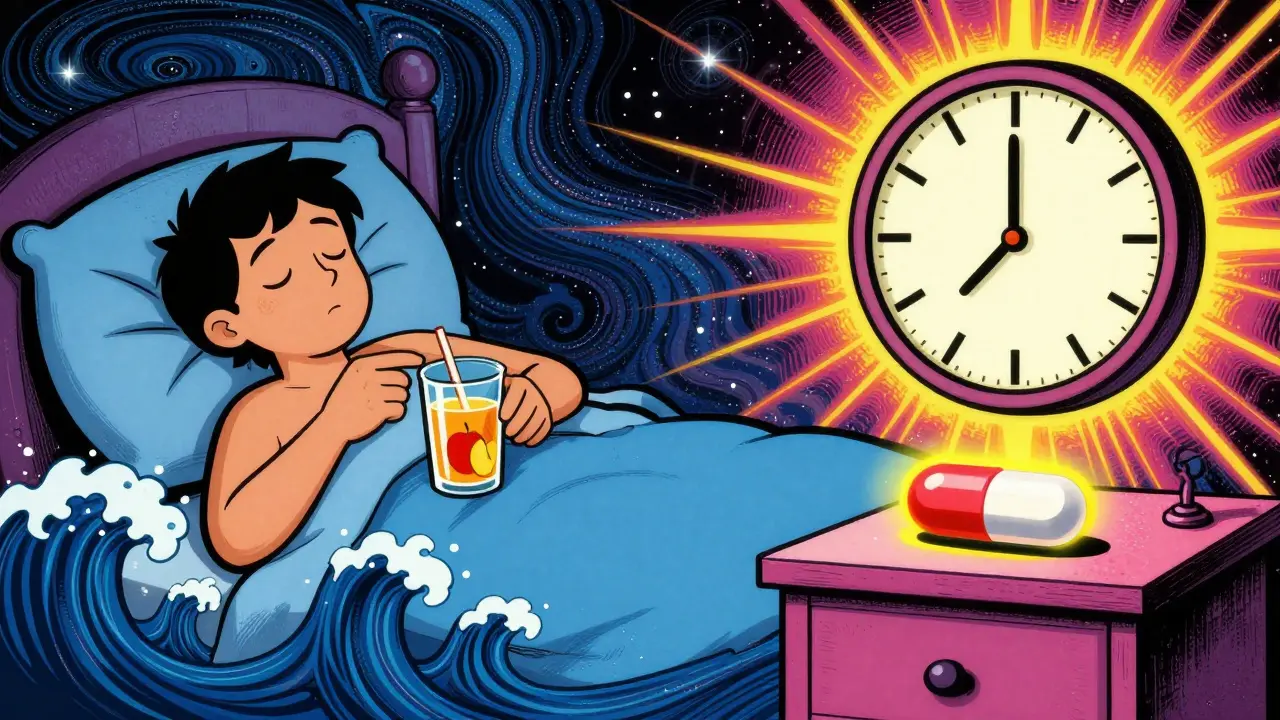 Nighttime scene showing thyroid pill and iron supplement separated by a 4-hour glowing bridge under cosmic swirls.