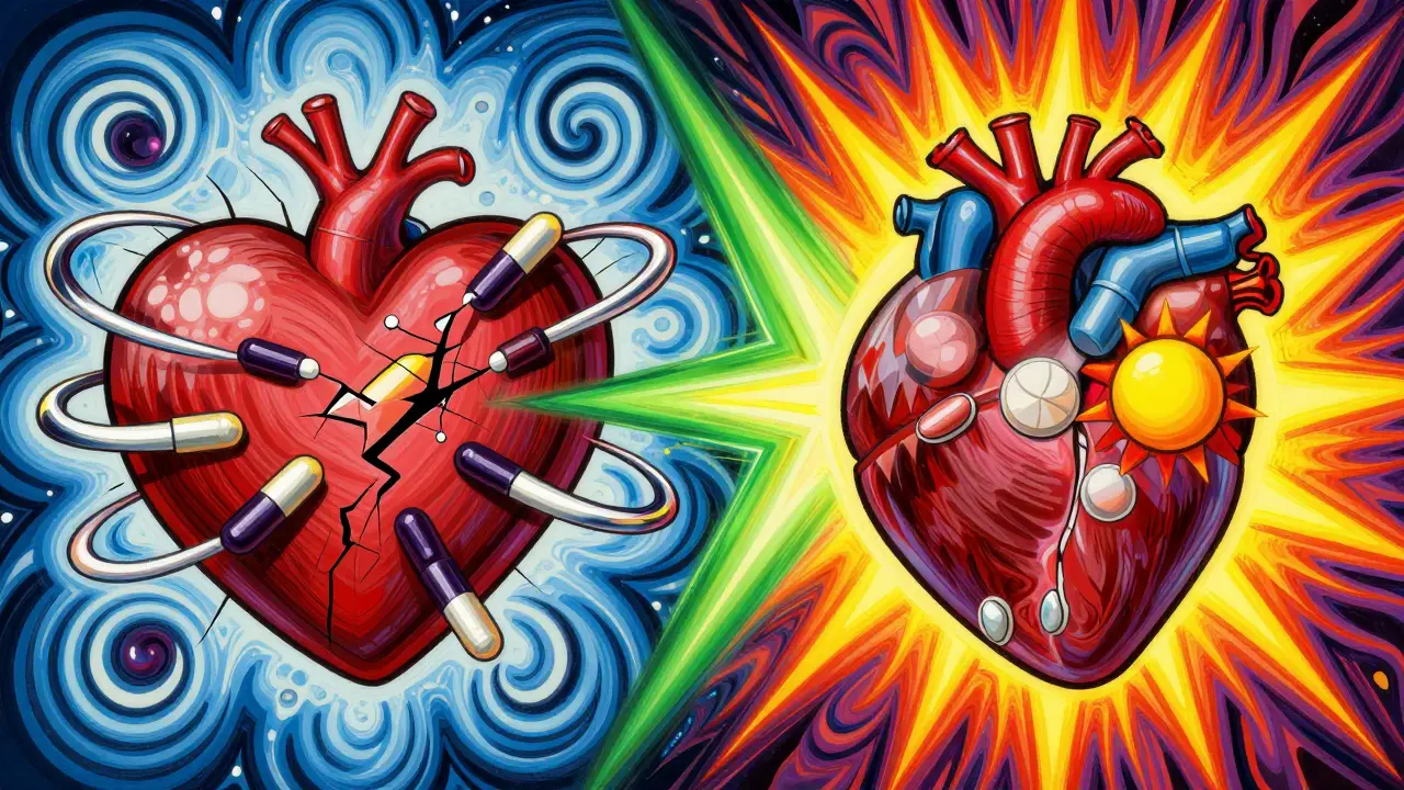 Split heart: left side cracked with dark pills, right side healthy with bright pills