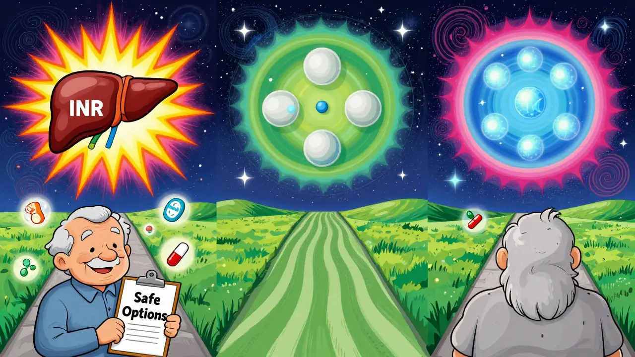 Three antibiotic pathways illustrated in psychedelic pop-art: TMP-SMX causing chaos, while amoxicillin and nitrofurantoin flow peacefully, with a patient holding a 'Safe Options' clipboard.