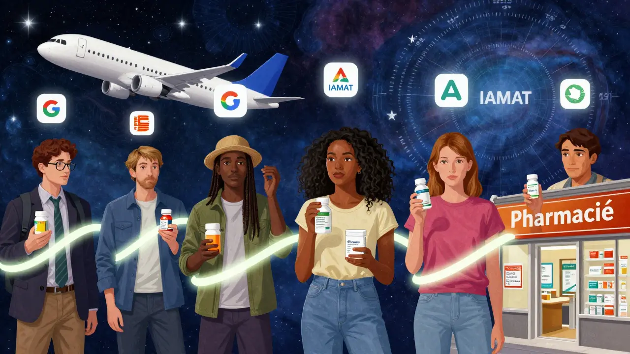 Travelers in different countries are connected by glowing ribbons, holding medication containers, with digital health logos floating above them.