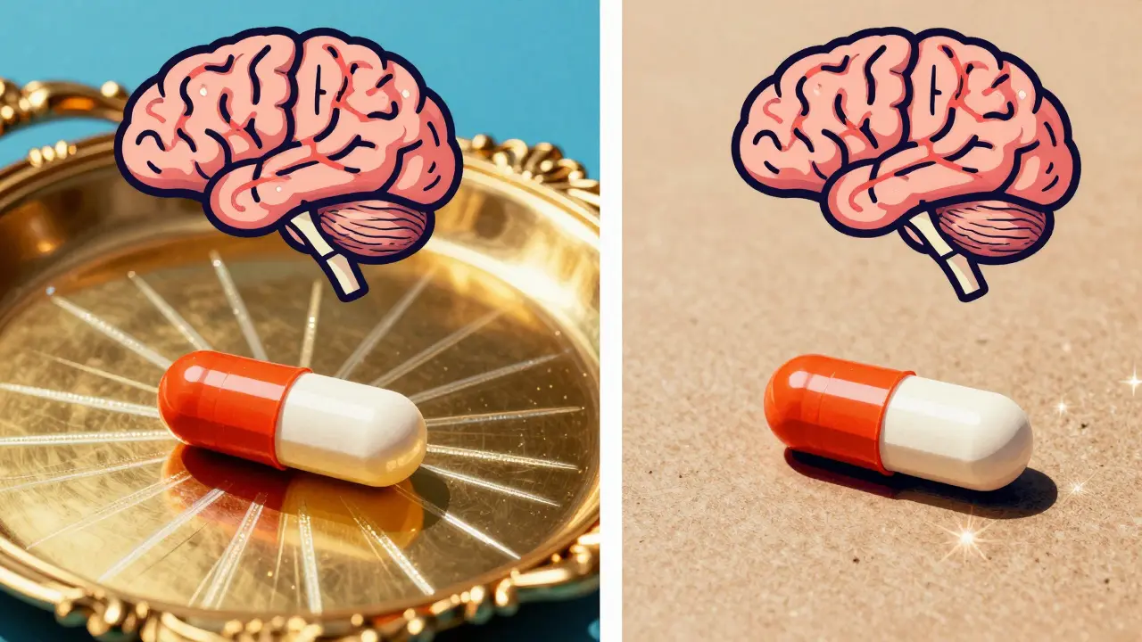 Two identical pills with different contexts showing varying brain activity