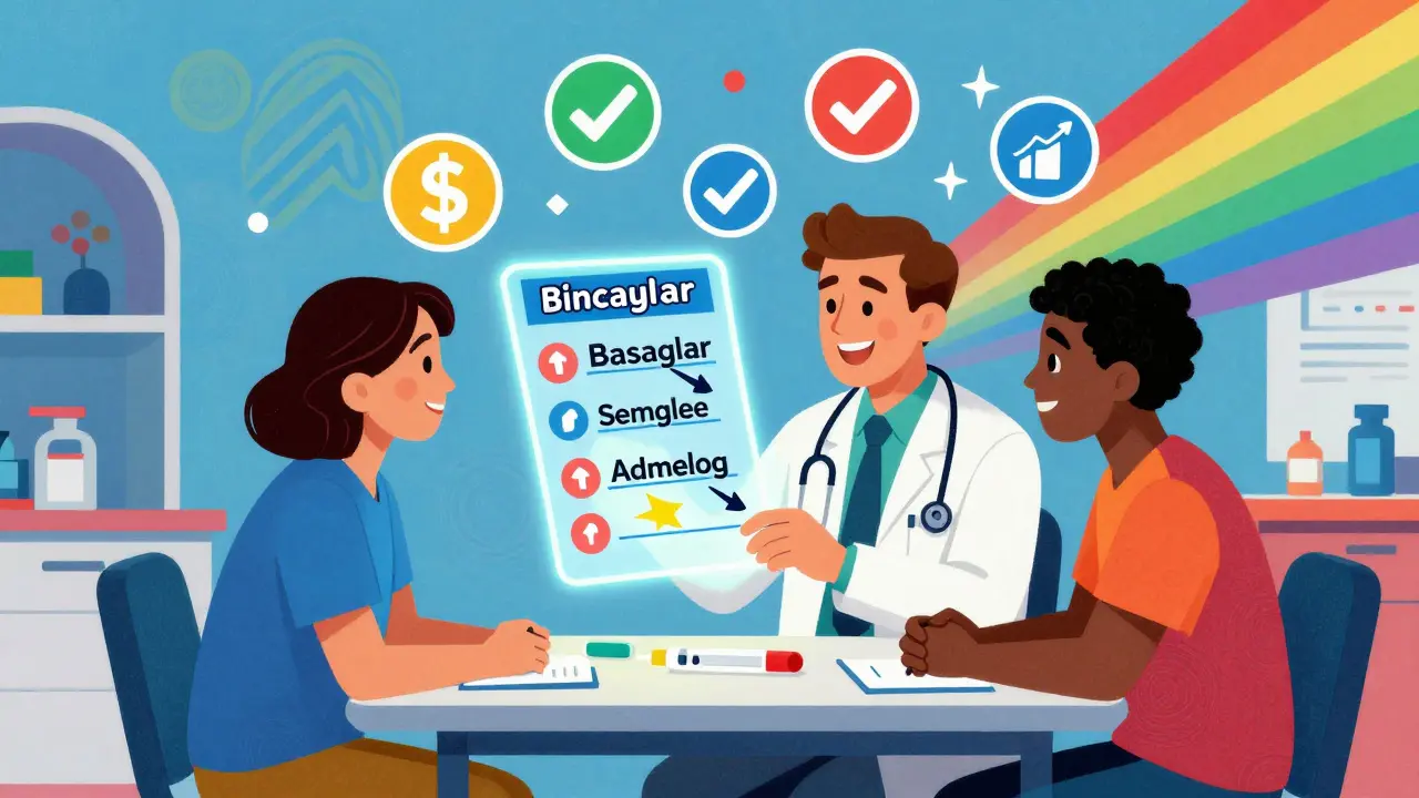 A doctor and patient reviewing an insulin chart with glowing biosimilar options and floating savings icons in a vibrant clinic setting.
