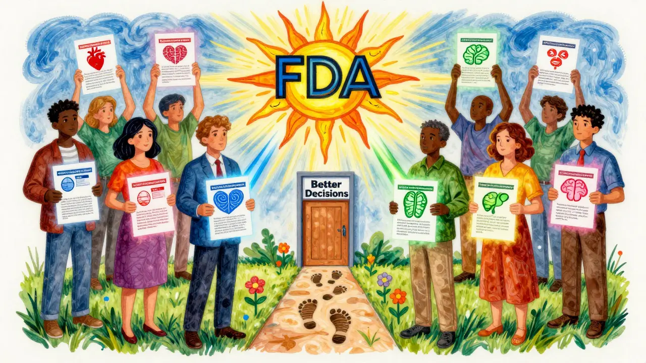 A group of people hold glowing FDA alerts, forming a circle of collaboration under a radiant FDA sun logo.
