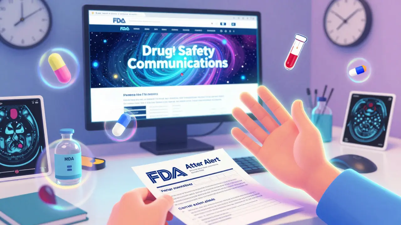 A patient hands a printed FDA alert to a doctor, with floating medical symbols and glowing colors around them.