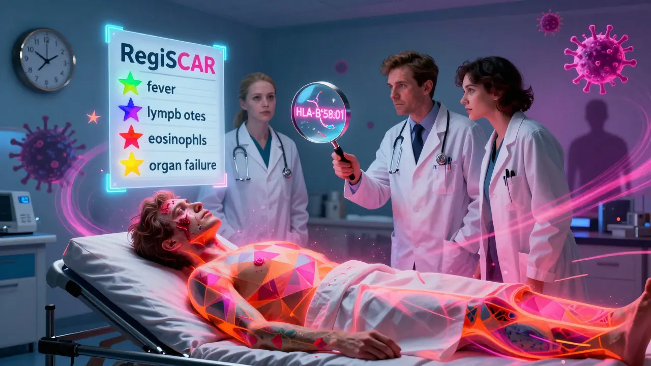 A patient in an ER with a neon rash while doctors examine a floating checklist and glowing gene marker, in psychedelic cartoon style.