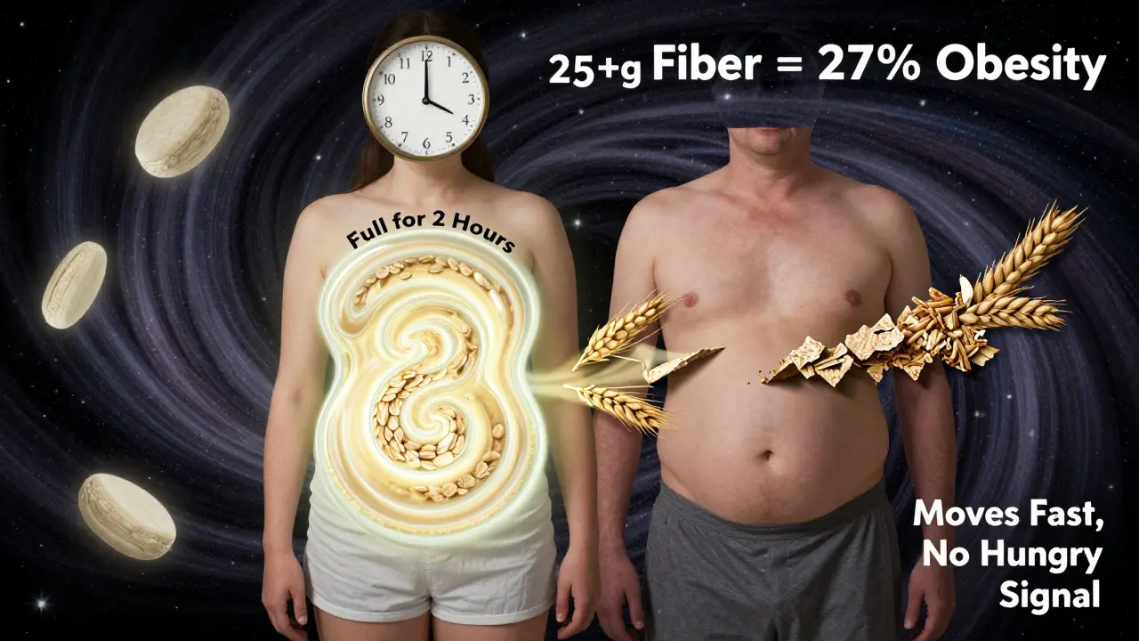A split-body portrait showing soluble fiber calming hunger versus insoluble fiber moving fast without effect.