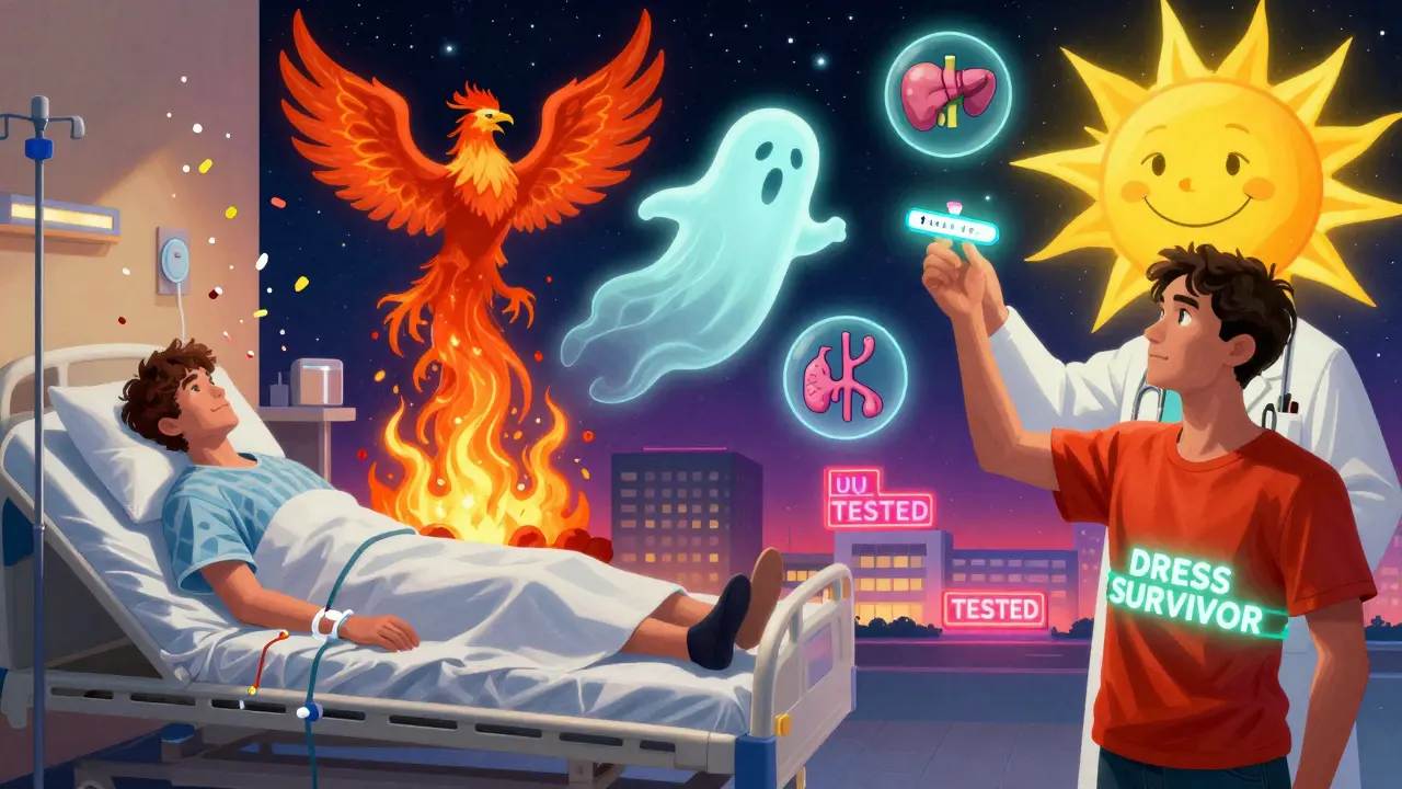 A survivor's journey shown in two halves: hospital recovery on one side, healthy life with medical alert on the other, in colorful Peter Max art.